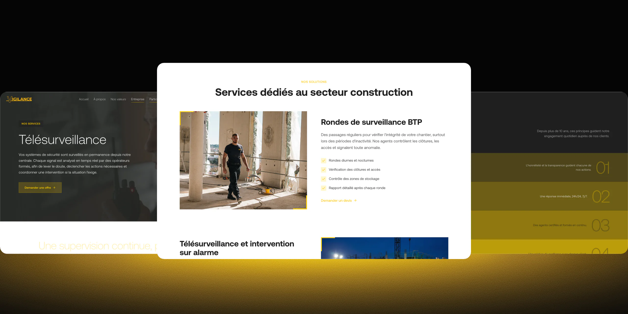 Trois pages du site Vigilance côte à côte : la télésurveillance, les services dédiés aux chantiers et les valeurs de l'entreprise