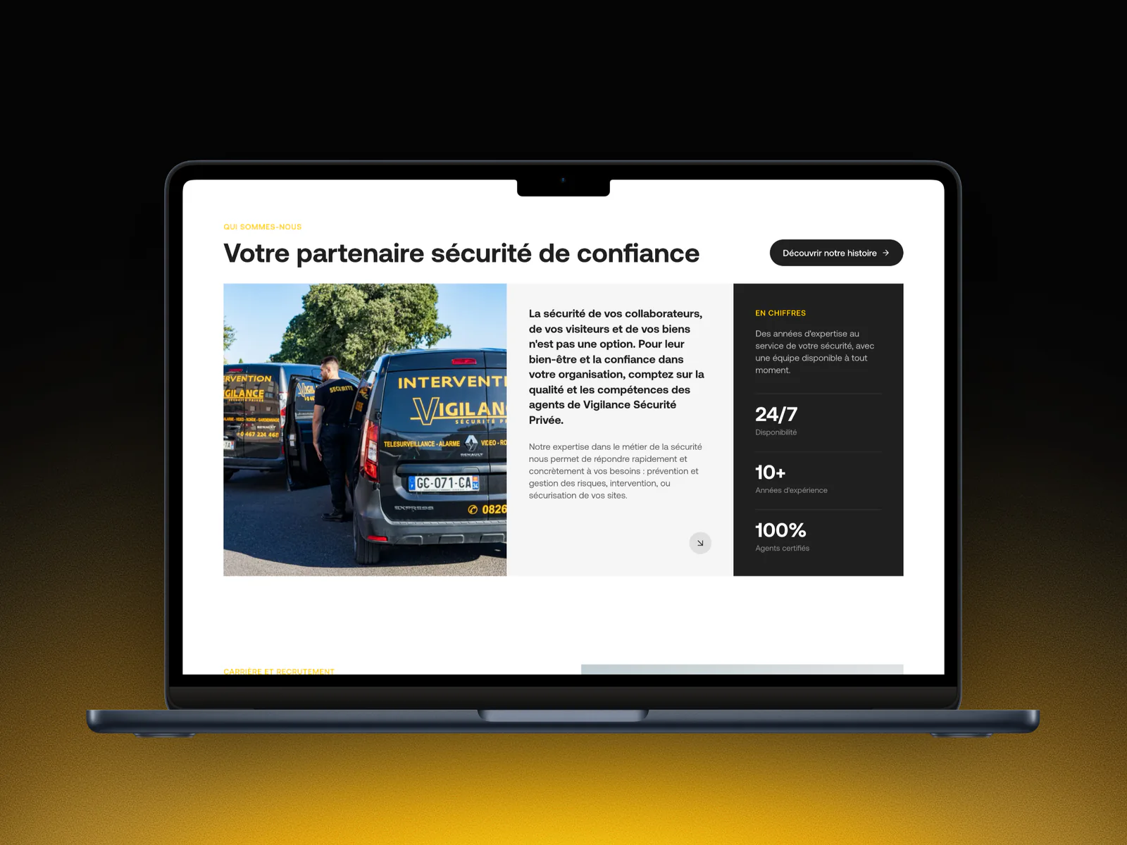 Section Votre partenaire sécurité de confiance sur un MacBook, avec un véhicule d'intervention et les chiffres de l'entreprise