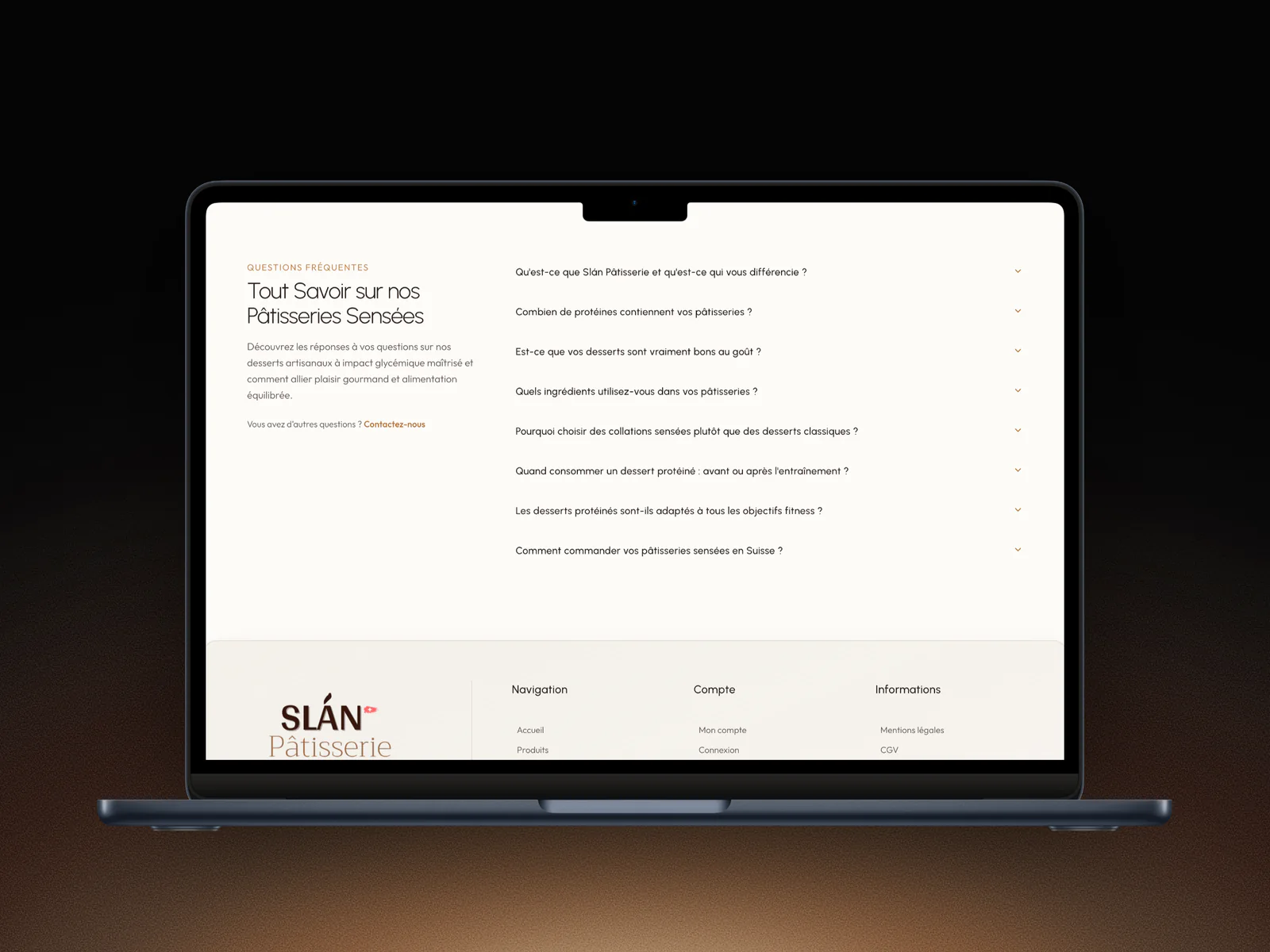 Les questions fréquentes de l'accueil de Slán Pâtisserie sur un MacBook : Tout savoir sur nos pâtisseries sensées