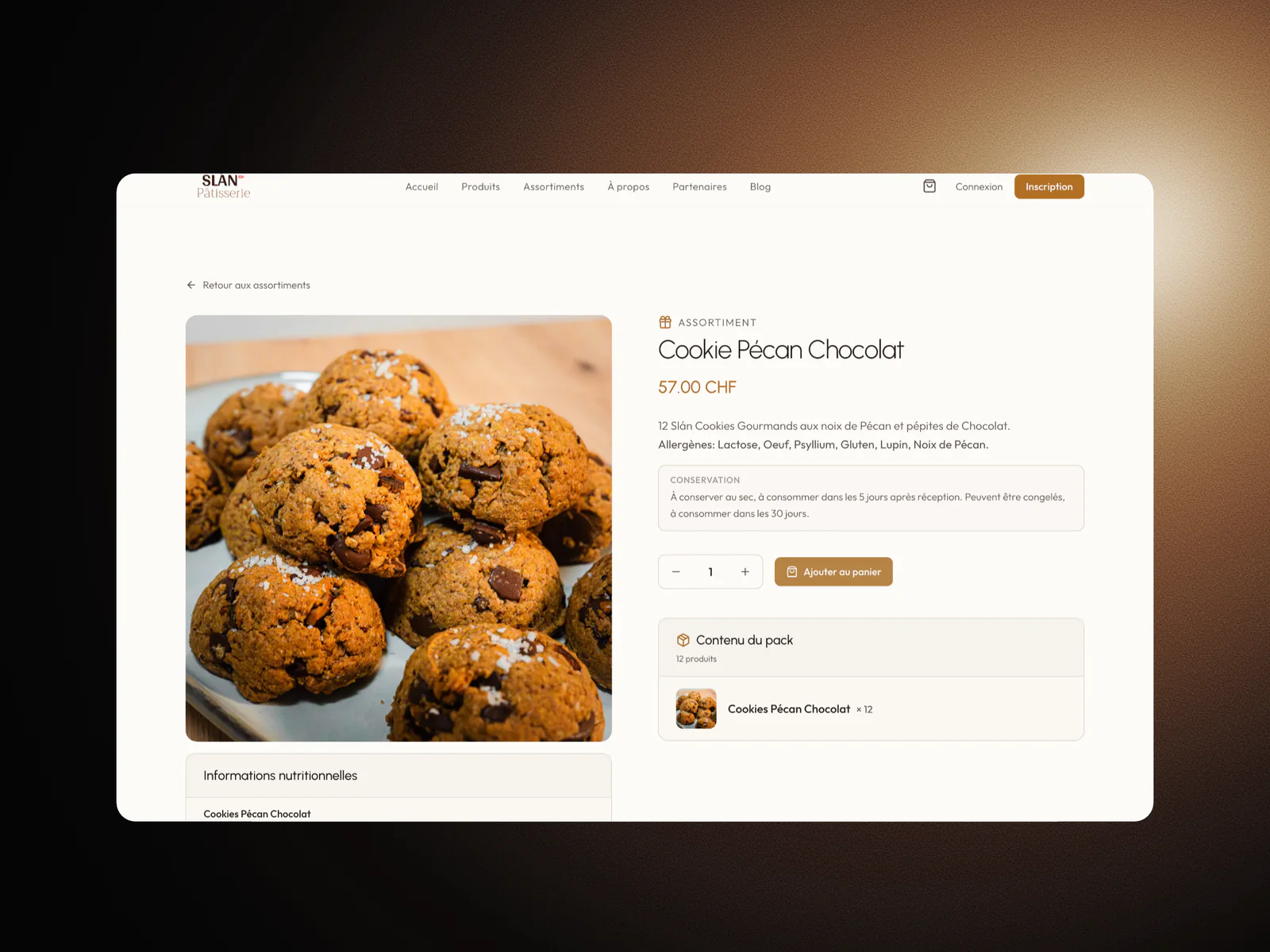 Fiche de l'assortiment Cookie Pécan Chocolat : photo des cookies, allergènes, conservation, quantité et bouton Ajouter au panier
