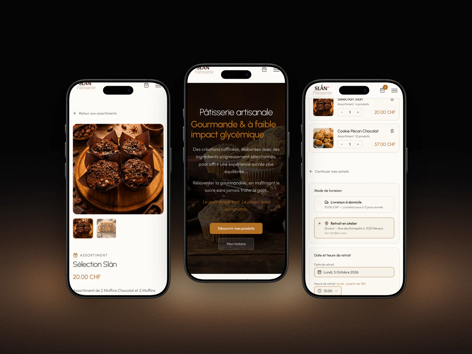 Trois pages du site Slán Pâtisserie sur iPhone : une fiche d'assortiment, l'accueil et le panier avec la date de retrait