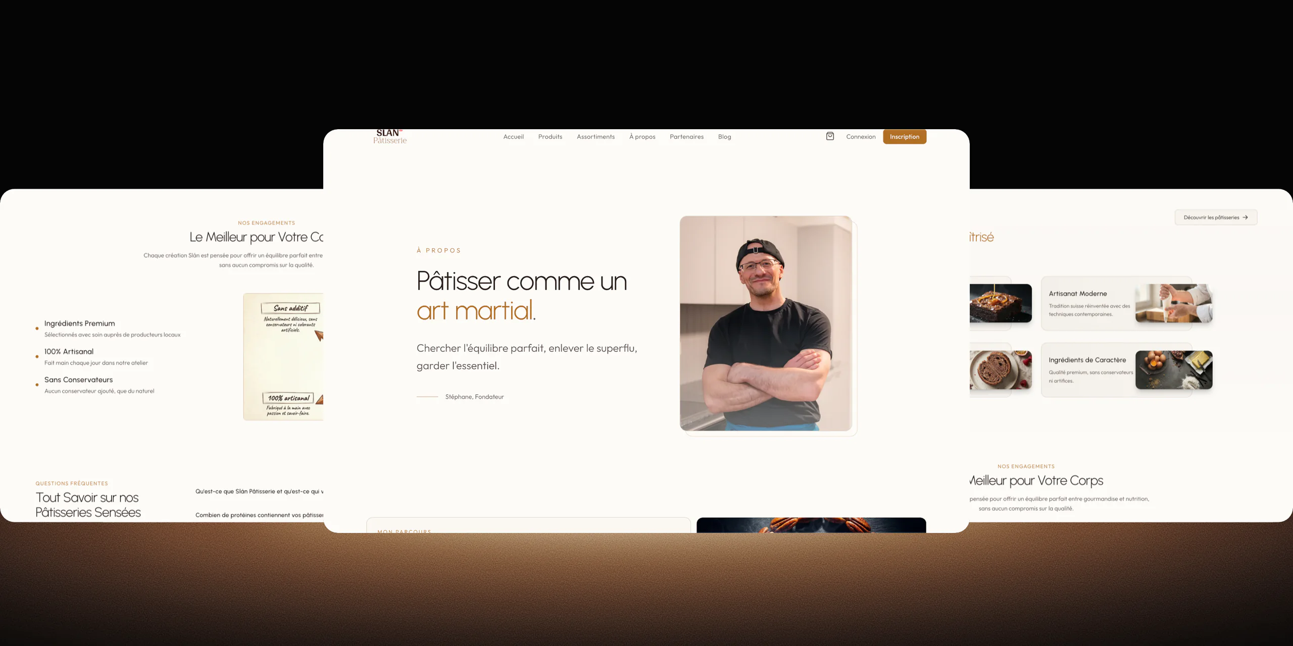 Trois pages du site Slán Pâtisserie côte à côte : les engagements de la maison, la page À propos avec le fondateur et la philosophie de la pâtisserie