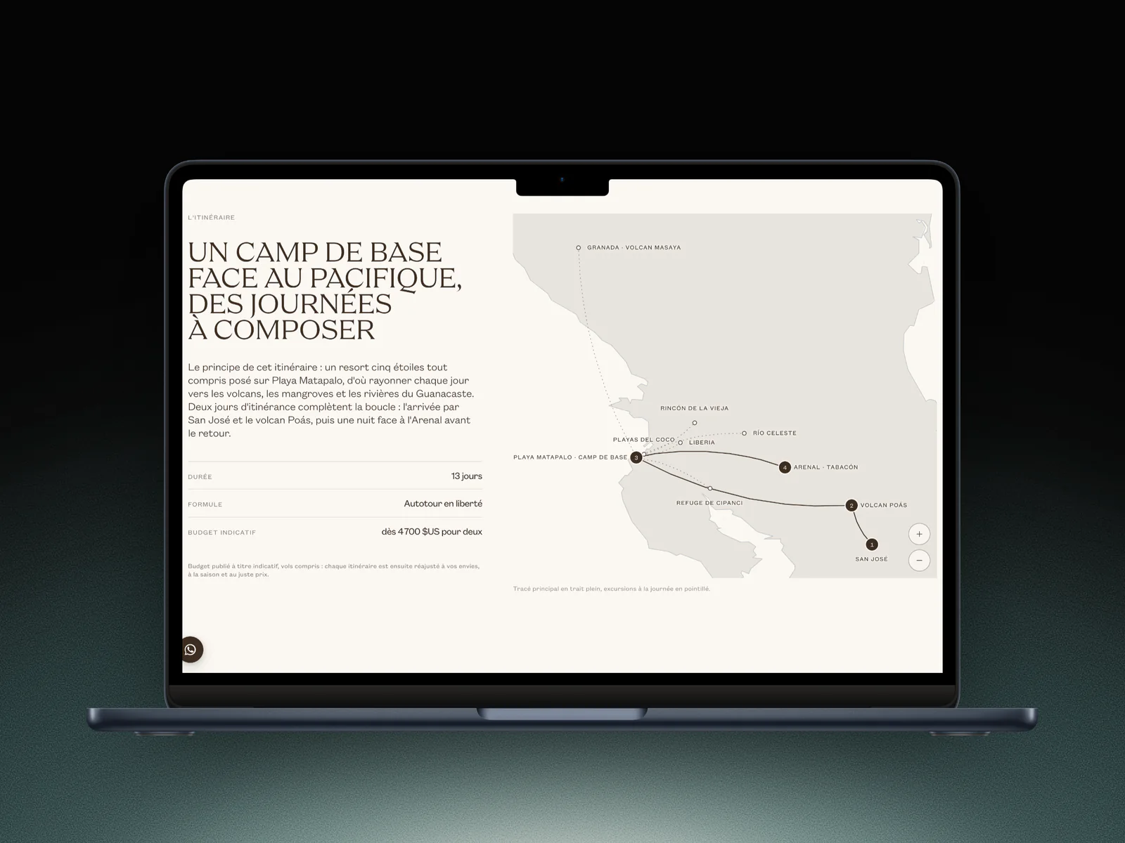 Carnet de voyage Costa Rica sur un MacBook : un camp de base face au Pacifique, avec la carte de l'itinéraire