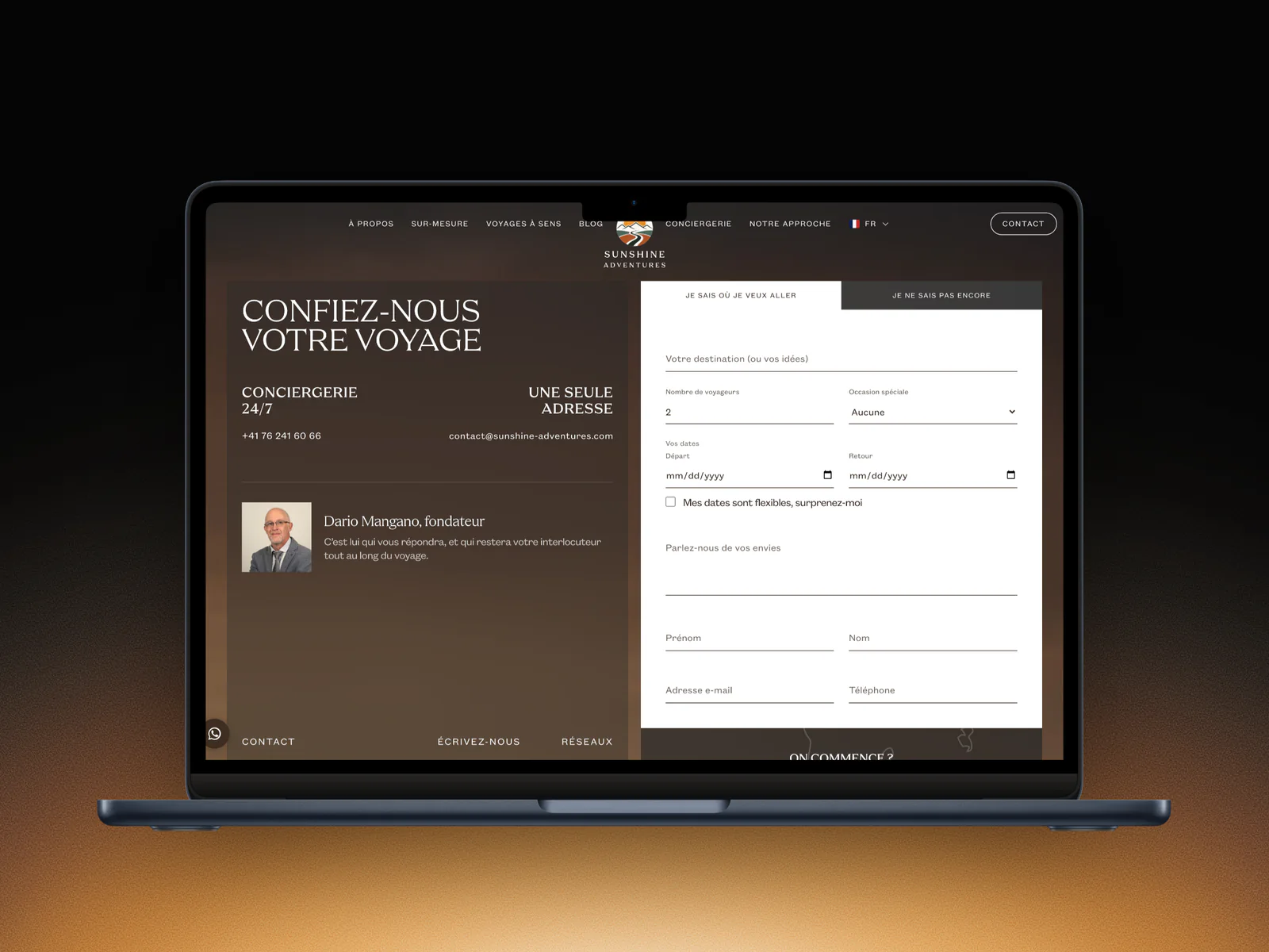 Page contact de Sunshine Adventures sur un MacBook : confiez-nous votre voyage, avec le formulaire de demande