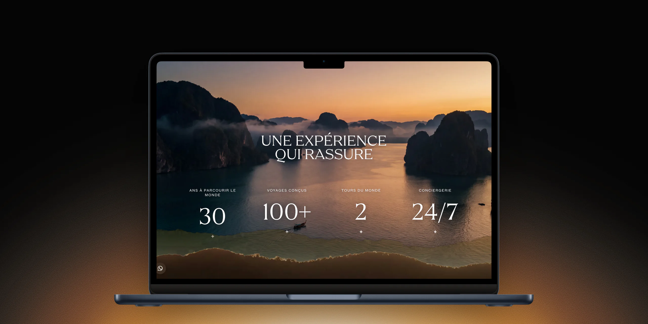 Section une expérience qui rassure de Sunshine Adventures sur un MacBook : 30 ans, 100+ voyages, 2 tours du monde, 24/7