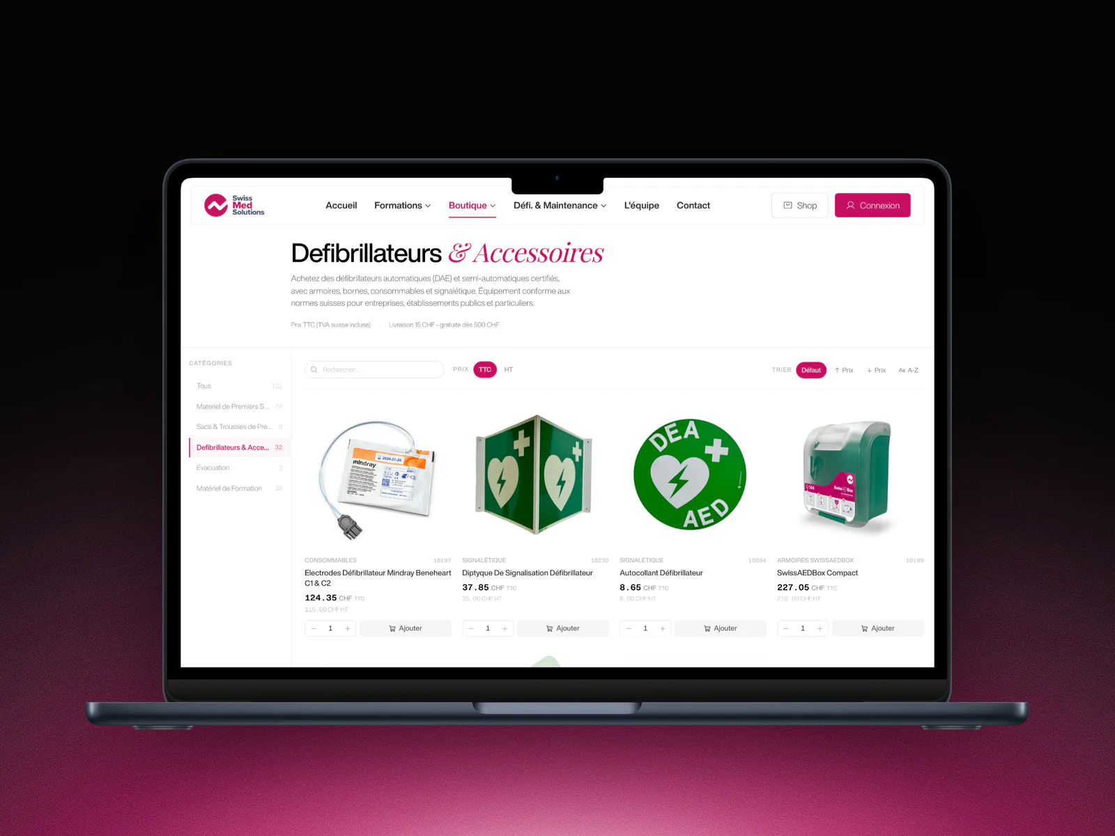Catégorie défibrillateurs et accessoires de la boutique SwissMedSolutions sur un MacBook