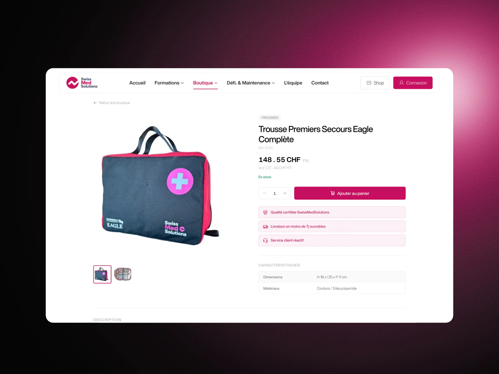 Fiche produit de la boutique SwissMedSolutions : trousse de premiers secours Eagle complète, avec son prix et le bouton d'ajout au panier