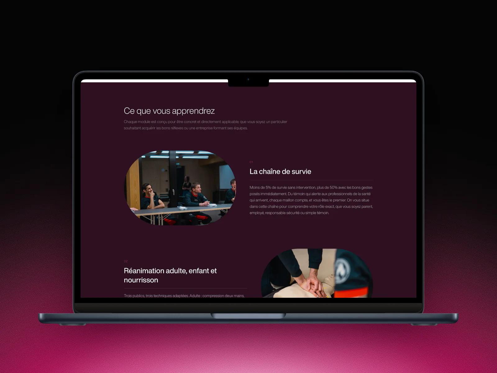 Page de la formation BLS-AED-SRC complète sur un MacBook : ce que vous apprendrez