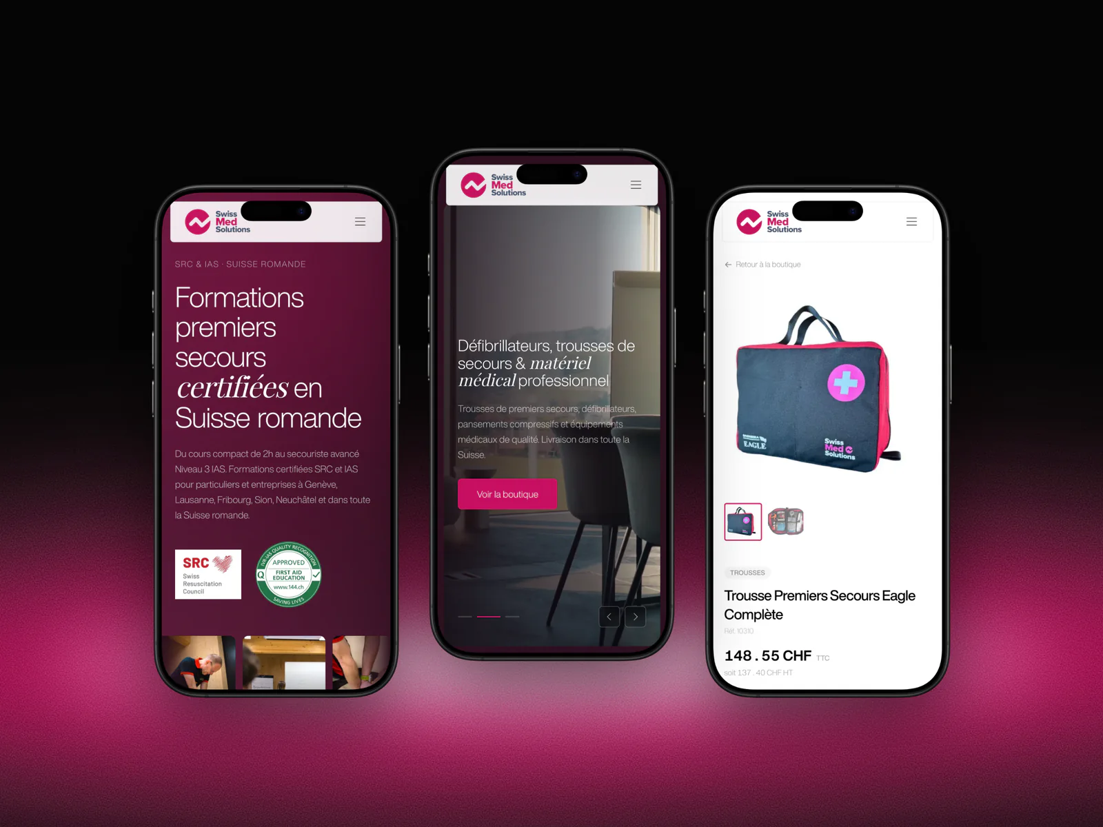 Trois pages du site SwissMedSolutions sur iPhone : l'accueil, les formations et une fiche produit