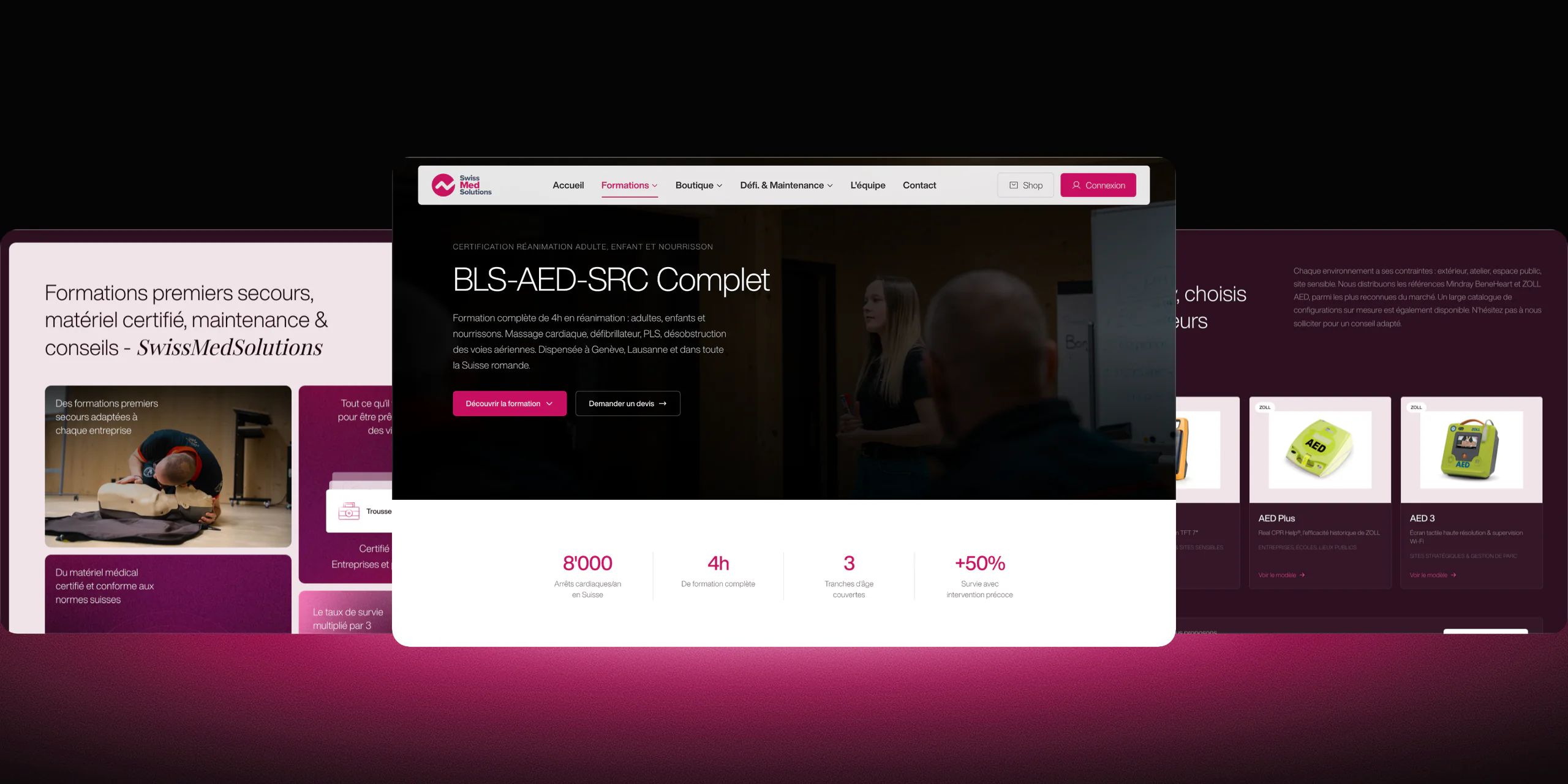 Trois pages du site SwissMedSolutions côte à côte : l'offre de l'accueil, la formation BLS-AED-SRC complète et les modèles de défibrillateurs