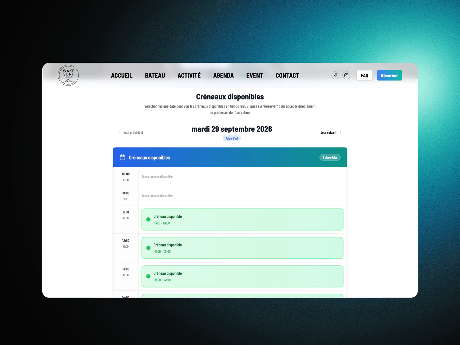 Agenda des créneaux disponibles de Wakesurf Léman, avec les créneaux libres en vert