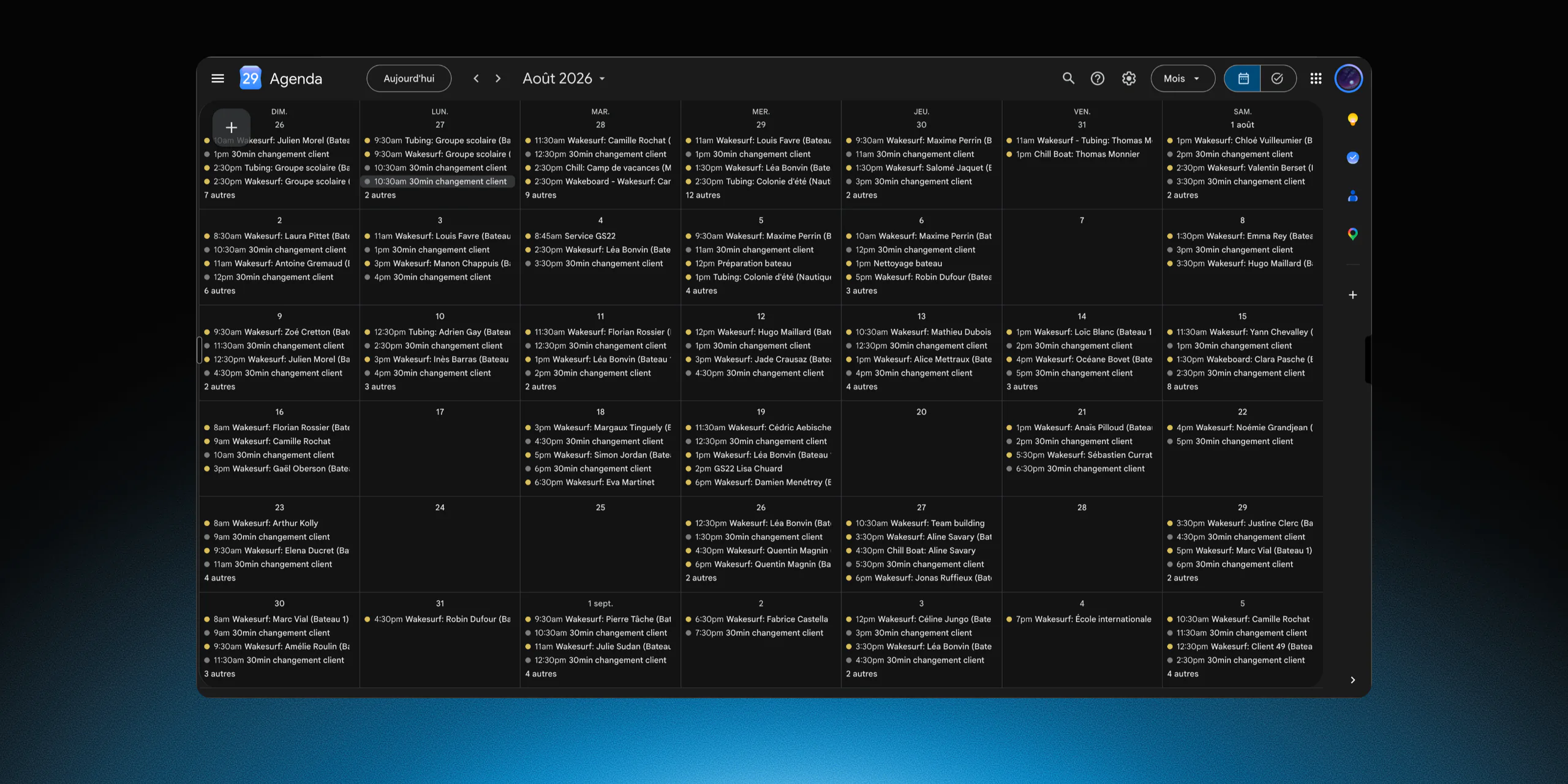 Le planning d'août de Wakesurf Léman dans Google Agenda : des sessions de wakesurf, wakeboard et tubing presque tous les jours, suivies de 30 minutes de changement de client