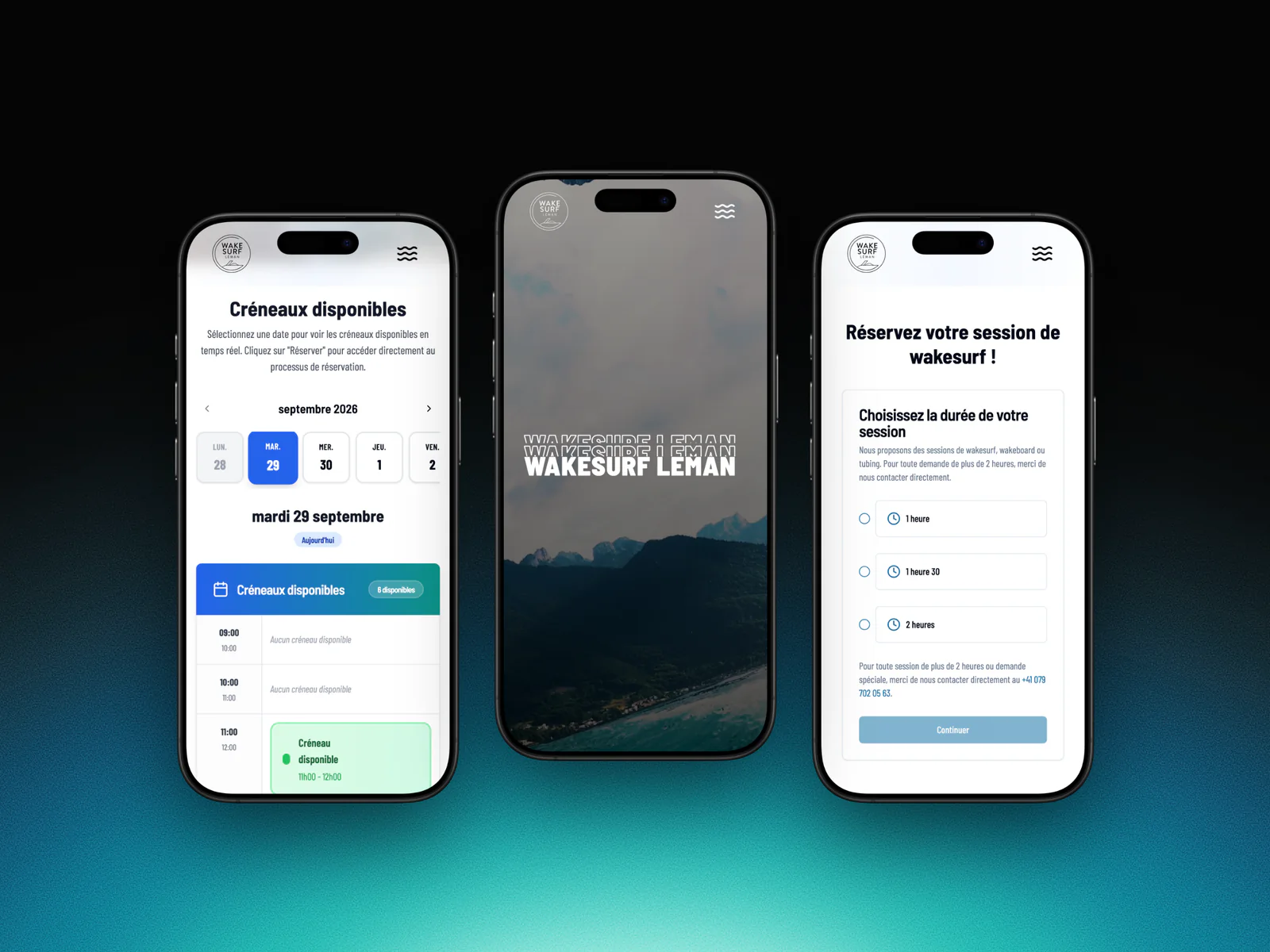 Trois pages du site Wakesurf Léman sur iPhone : l'agenda, l'accueil et la réservation