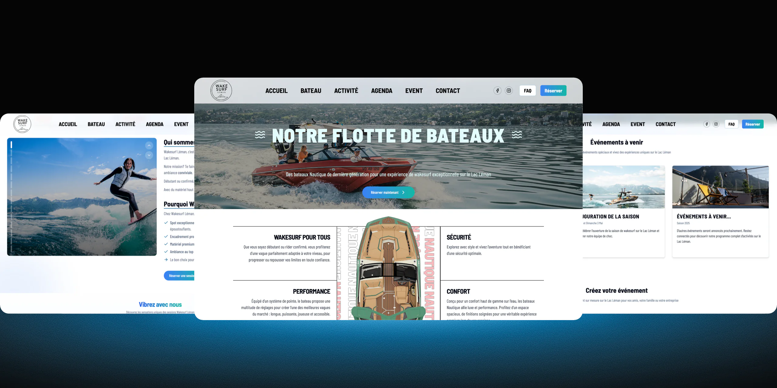 Trois pages du site Wakesurf Léman côte à côte : présentation de l'école, le bateau et les événements