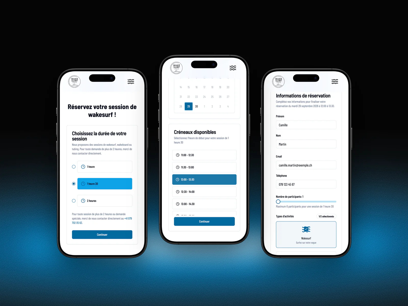 Les étapes de la réservation Wakesurf Léman sur iPhone : choix de la durée, du créneau et des informations